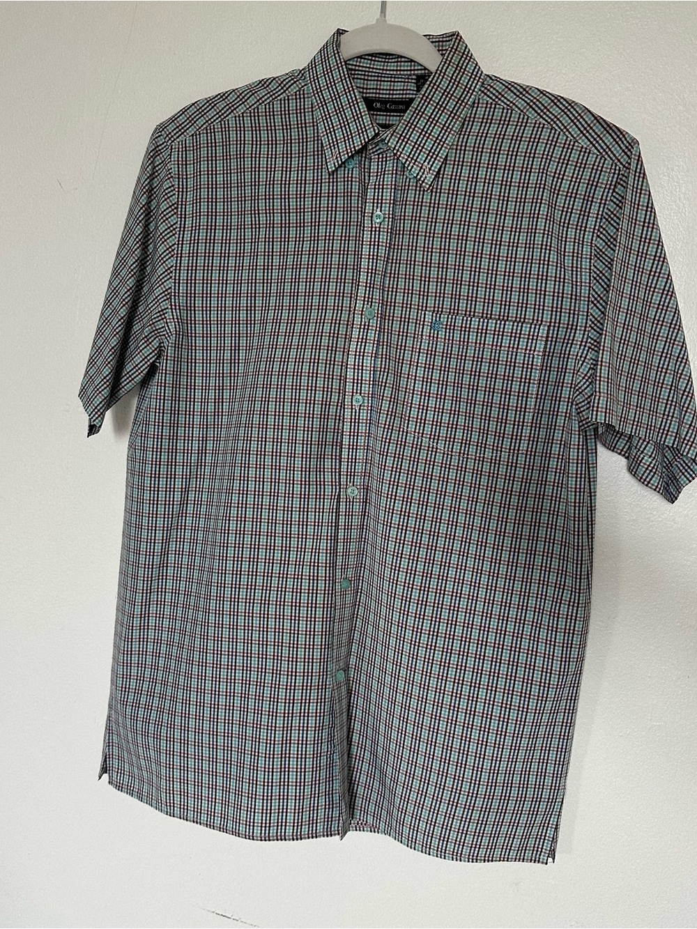 Oleg Cassini Short-Sleeve Plaid Button-Down in Teal & Black
